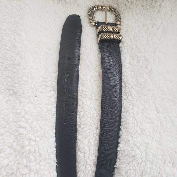 BRIGHTON Women's Black Leather Belt Silver and Gold Tone Buckle Scroll Work - Picture 2 of 14